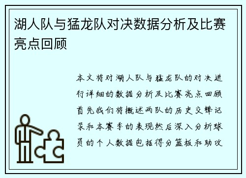 湖人队与猛龙队对决数据分析及比赛亮点回顾